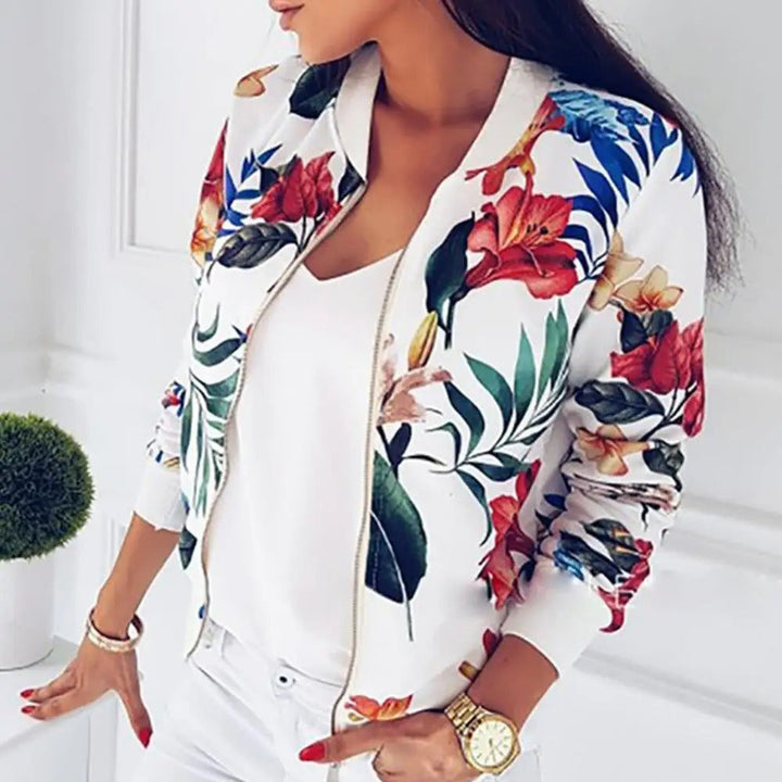 Elegant women's spring summer jacket featuring a beautiful floral print and long sleeves for versatile style.