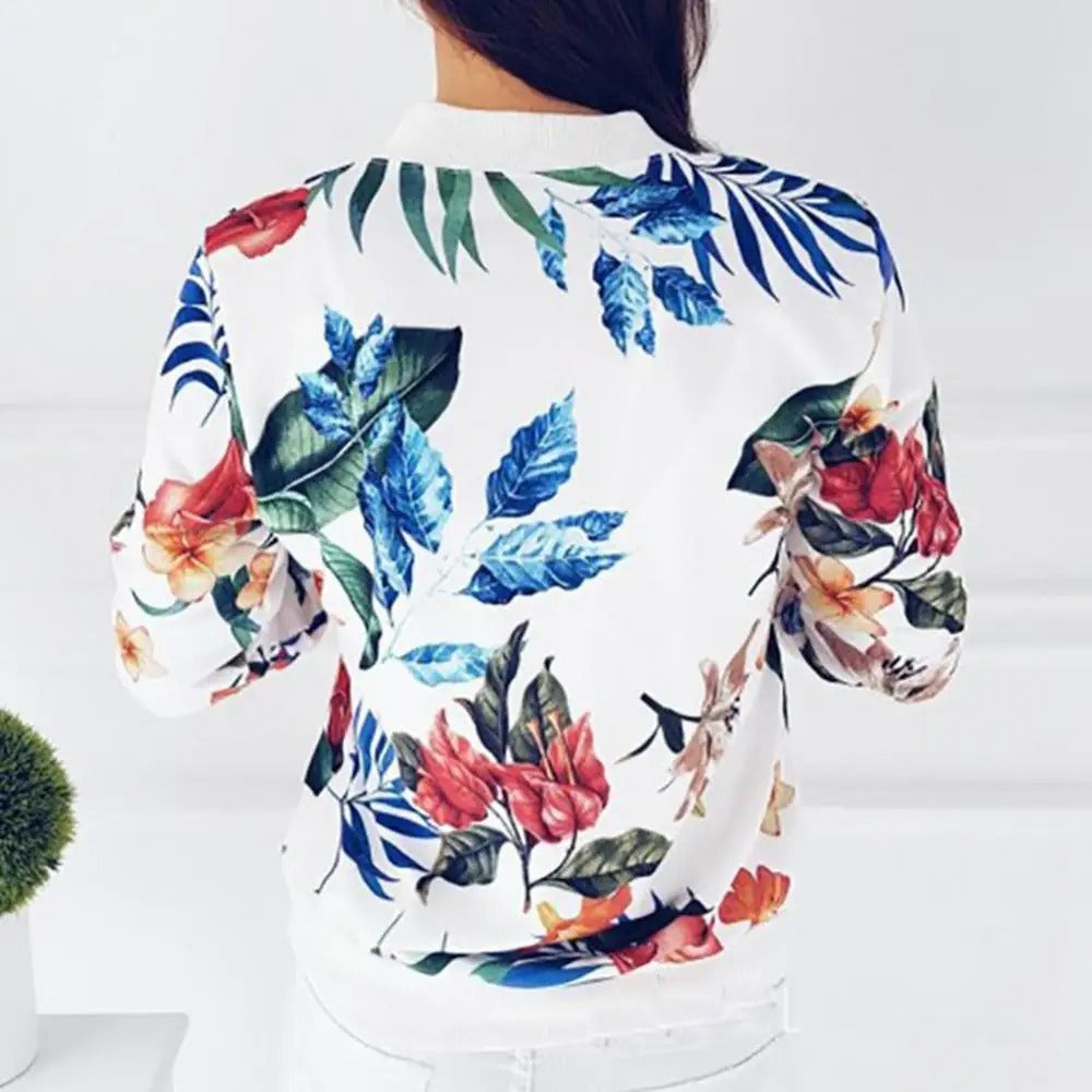 Fashionable women's lightweight floral print long sleeve jacket, ideal for casual everyday summer style.