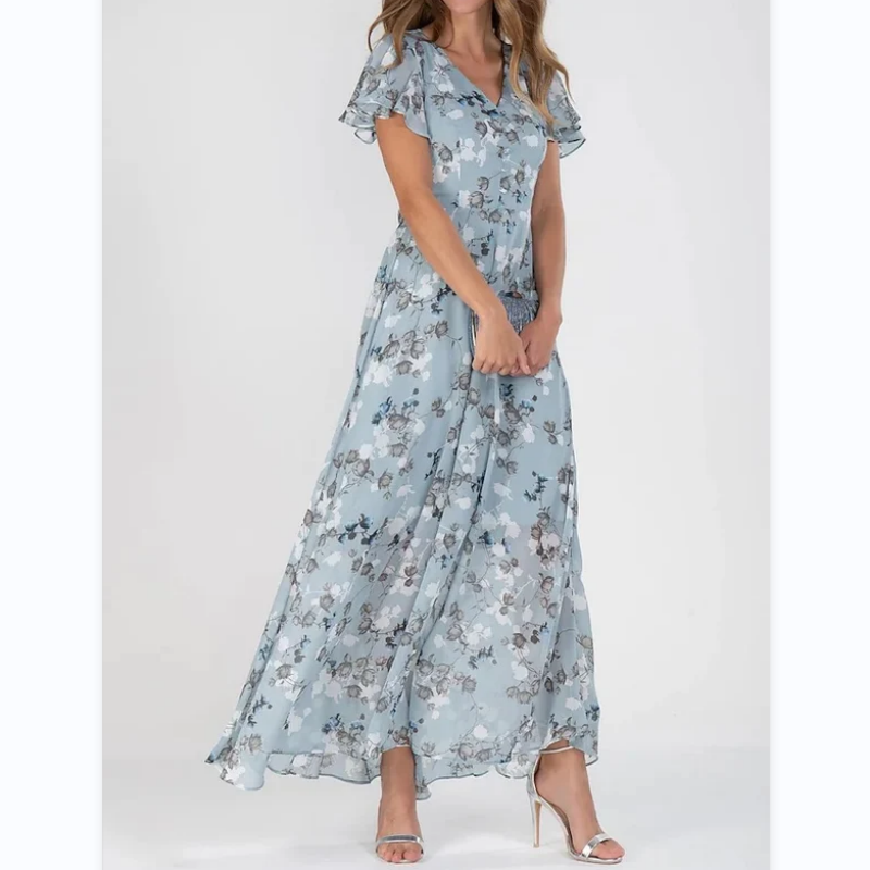 Women's floral print maxi dress with flutter sleeves & V-neck. Perfect for elegant summer fashion.