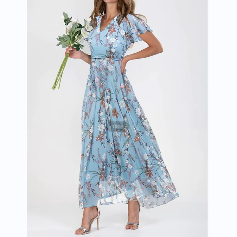 Casual yet chic women's floral print A-line maxi dress. Features delicate flutter sleeves & a flattering V-neck.