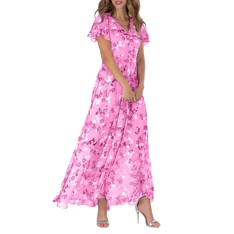 Comfortable women's A-line maxi dress. Elegant floral print with flutter sleeves & a V-neck. Great for summer wear.
