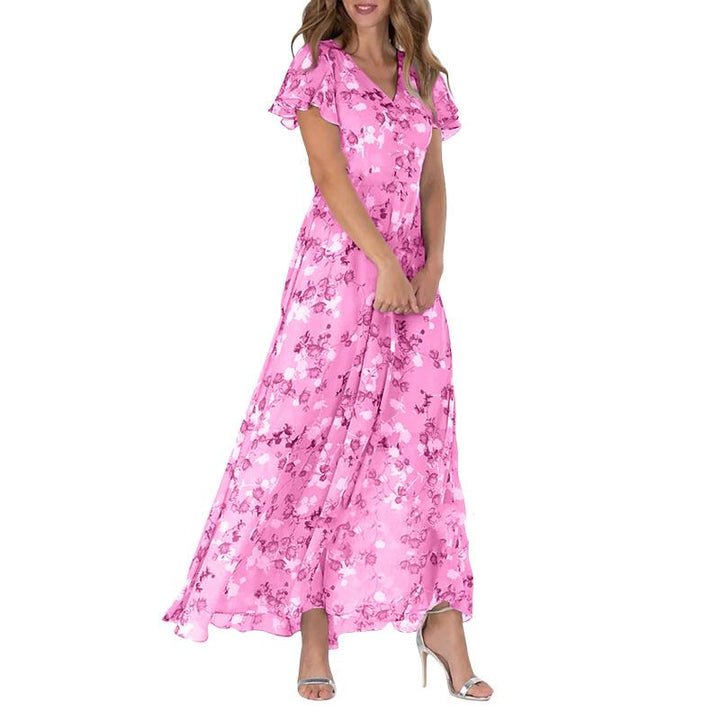Comfortable women's A-line maxi dress. Elegant floral print with flutter sleeves & a V-neck. Great for summer wear.