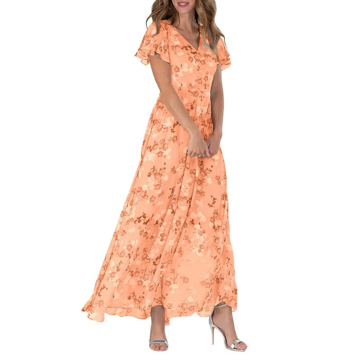 Trendy women's floral flutter sleeve V-neck maxi dress. Perfect A-line style for summer vacation & casual outings.