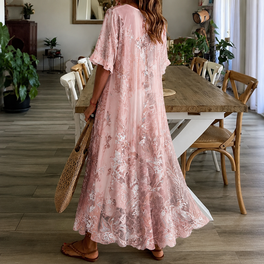 Flowy women's floral maxi dress, comfortable and elegant, perfect for beach holidays or warm weather outings.