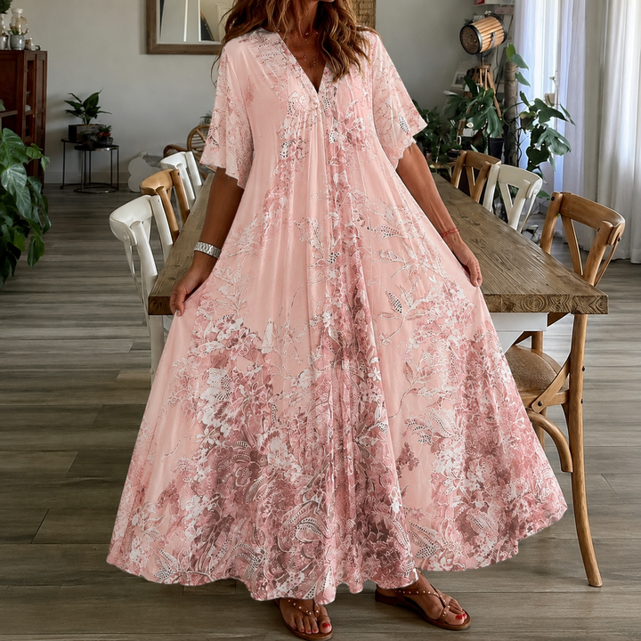 Chic women's floral print maxi dress, split neck, half sleeve, a comfortable choice for summer, beach, or garden parties.