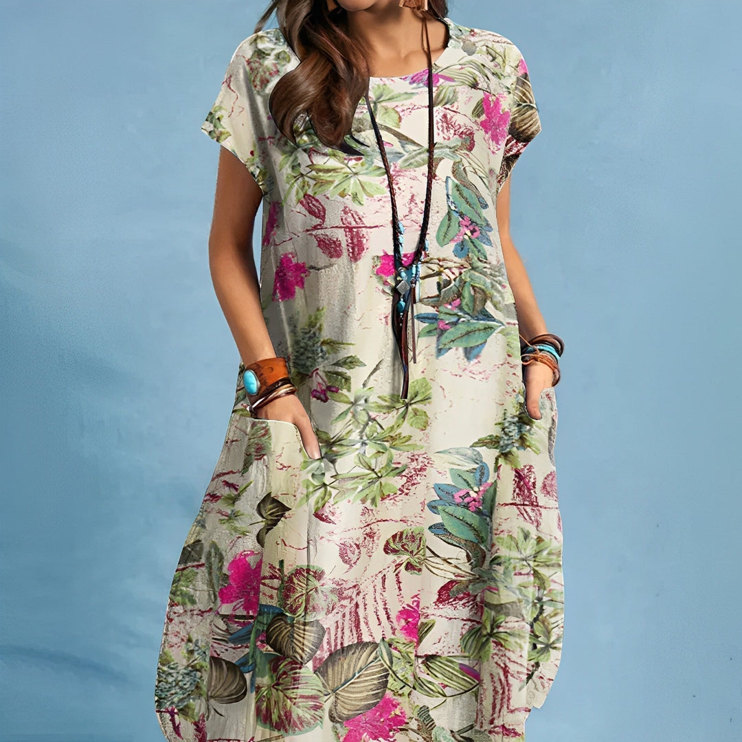 Comfortable women's floral midi dress with pockets, ideal for spring vacation, everyday wear, or a flowy summer outfit.