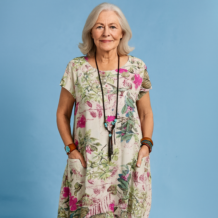Casual women's floral print midi dress, versatile for spring fashion, summer outings, or comfortable everyday wear with pockets.