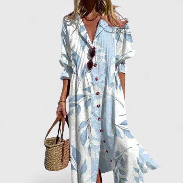 Women's floral print midi shirtdress with pintuck pleats, perfect for summer casual or elegant wear.