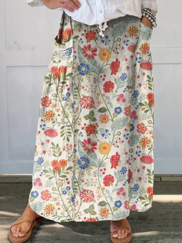 Women's floral print midi skirt with elastic waist & pockets. Perfect for summer casual wear, comfortable & flowy.