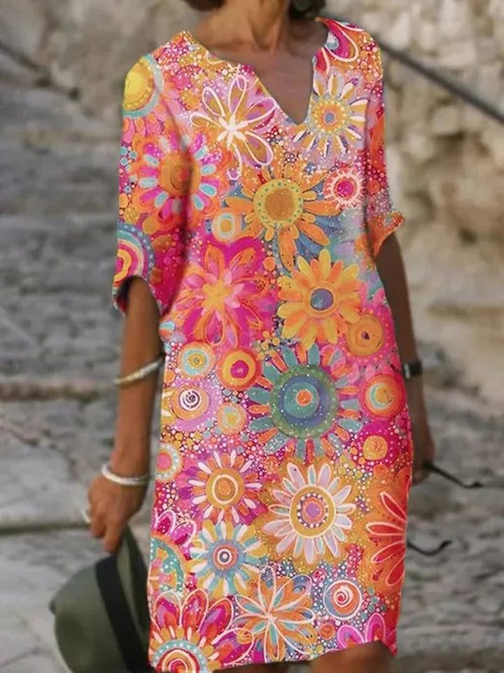 Elegant women's floral print summer dress, midi length with half sleeves, versatile for parties & day comfort.