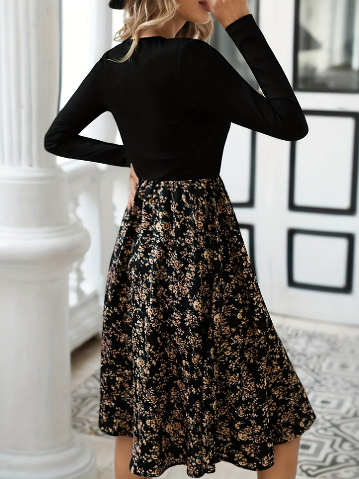 Stylish printed V-neck long sleeve dress for women. Features a beautiful floral pattern, ideal for fall style.