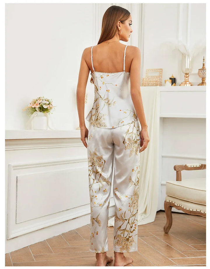 Premium floral satin women's pajama set, soft, comfortable, and chic adjustable strap sleepwear.