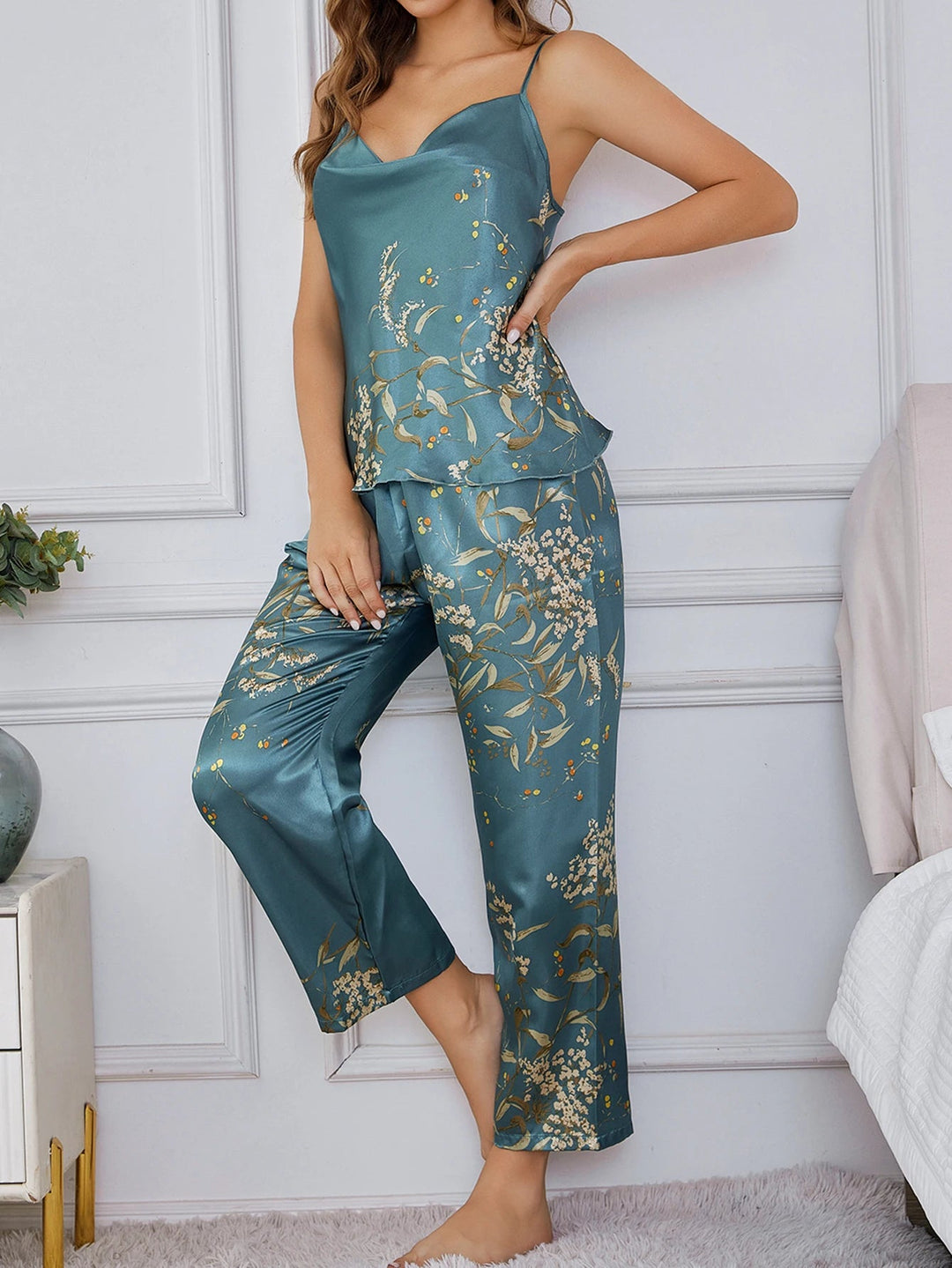 Elegant women's floral satin two-piece sleepwear set, perfect for comfortable lounging.