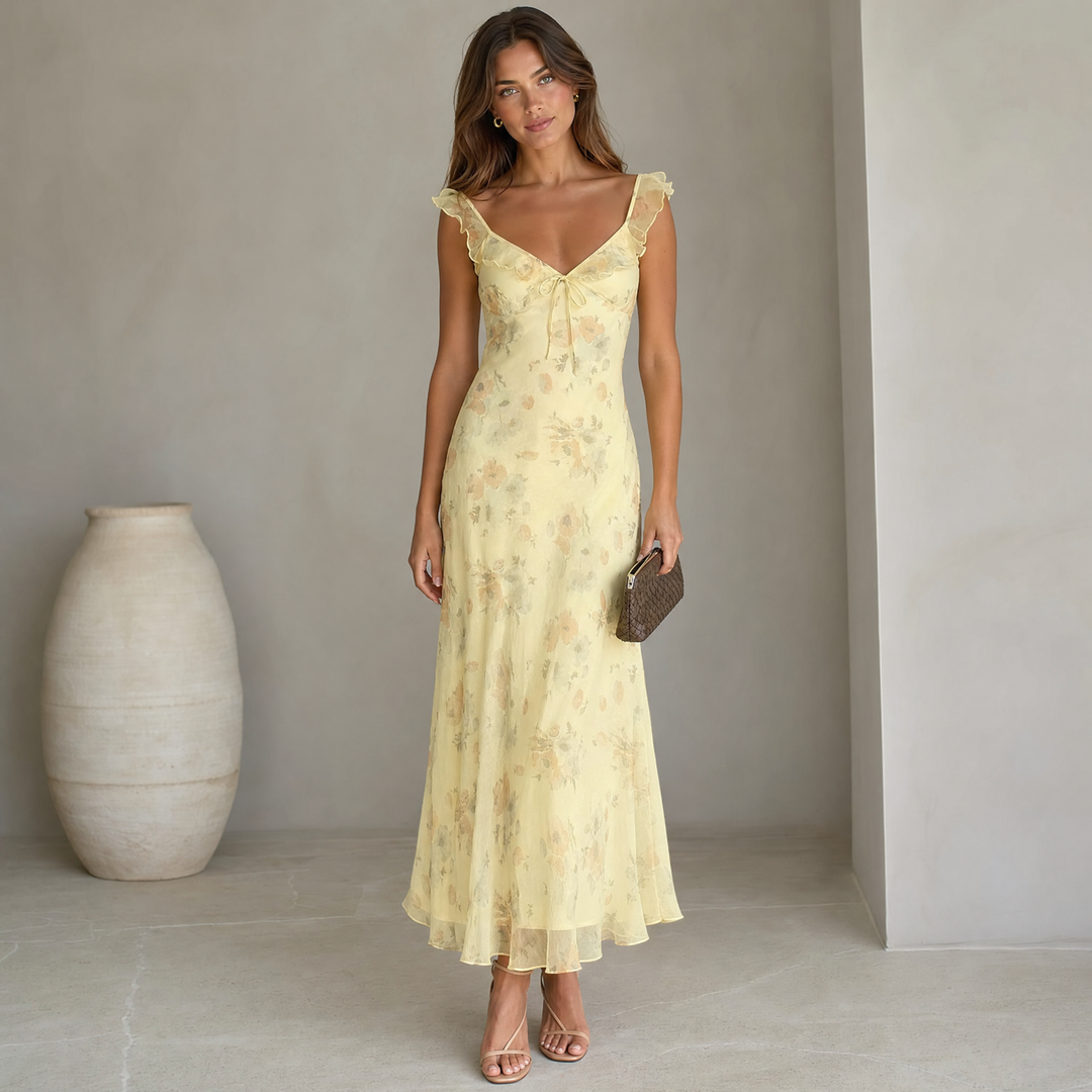 Women's floral sleeveless backless beach dress, perfect for summer getaways & casual vacation outfits.