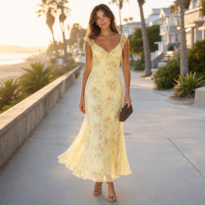 Stylish women's floral backless summer dress, ideal sleeveless sun dress for beach trips and vacations.
