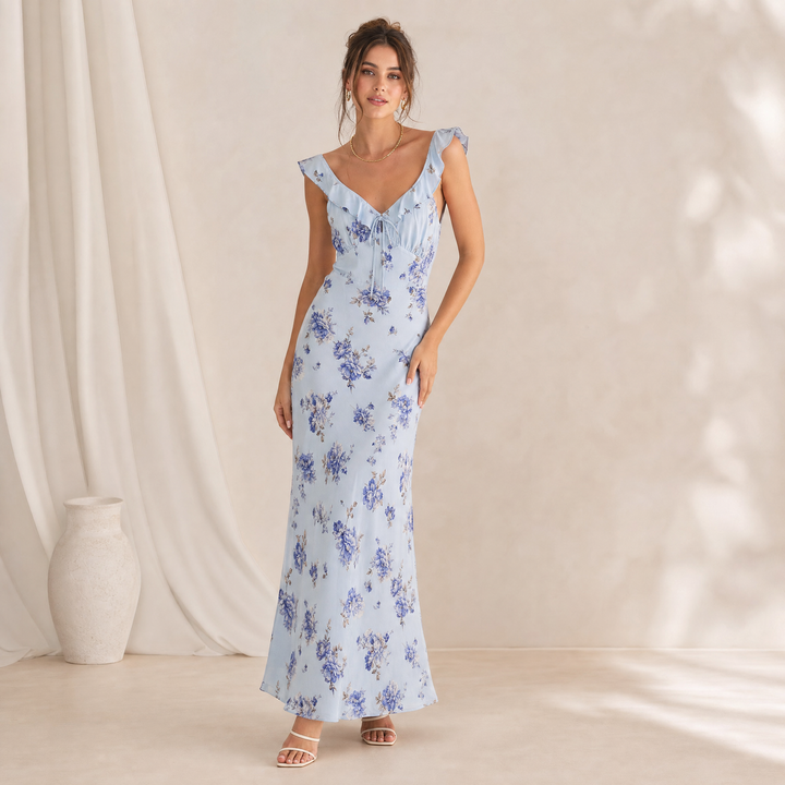 Casual women's floral sun dress, sleeveless & backless. Perfect for beach vacations and warm weather outfits.