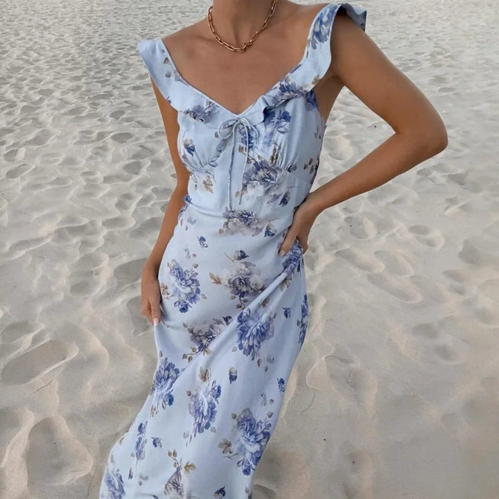 Trendy floral pattern women's backless sleeveless dress. Casual summer beachwear for all occasions.