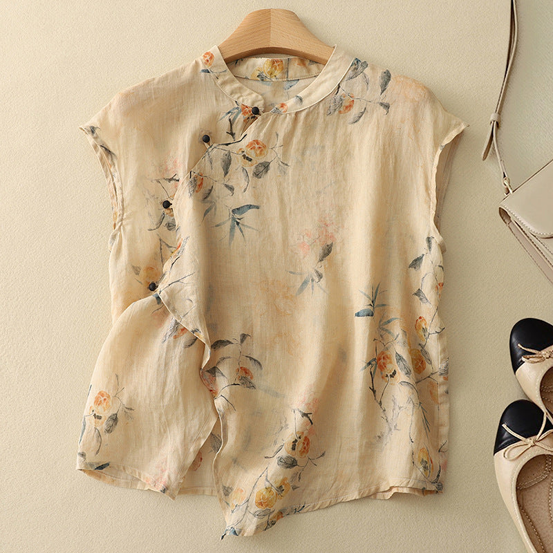 Women's floral sleeveless blouse, perfect for summer. Lightweight & comfortable, featuring a relaxed fit & button placket.
