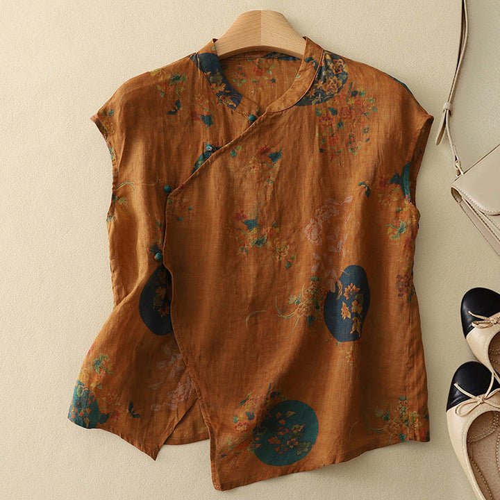 Elegant women's sleeveless floral top with a mandarin collar & button placket. Ideal for casual summer wear.