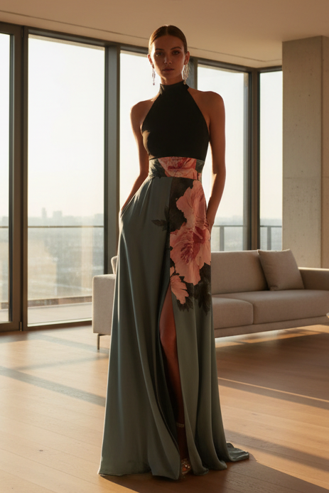 Elegant women's flowy floral maxi dress, ideal for summer vacations, beach days or evening wear.