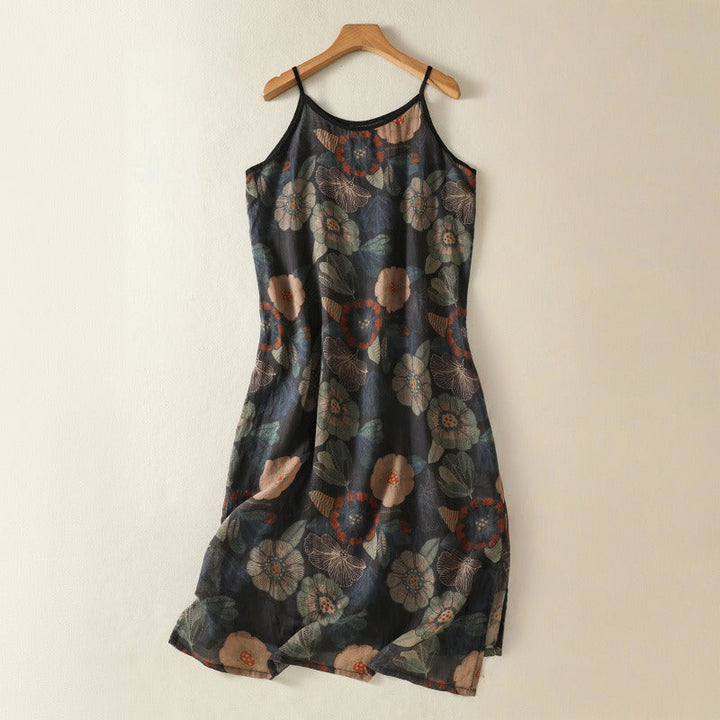 Women's floral slip dress with spaghetti straps, perfect for elegant summer style or a beach vacation.
