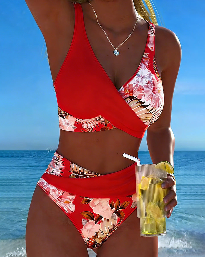 New arrival: women's floral split bikini set, stylish two-piece beach fashion.