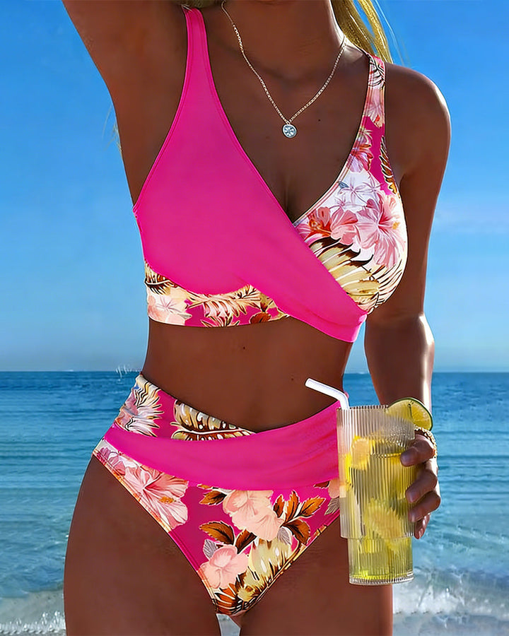 Women's floral split bikini set, a fashionable swim set for your next summer vacation.