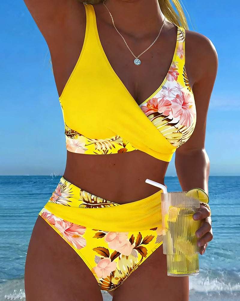 Close-up of a women's floral split bikini top, showcasing the vibrant pattern.