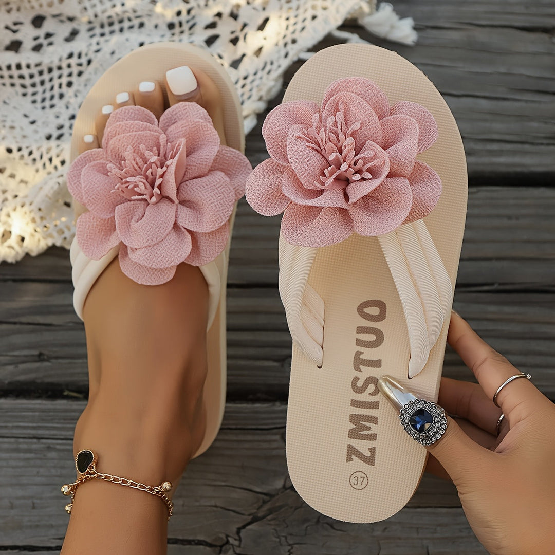 Women's floral summer slippers, black with intricate white flower design, anti-slip sole, walking
