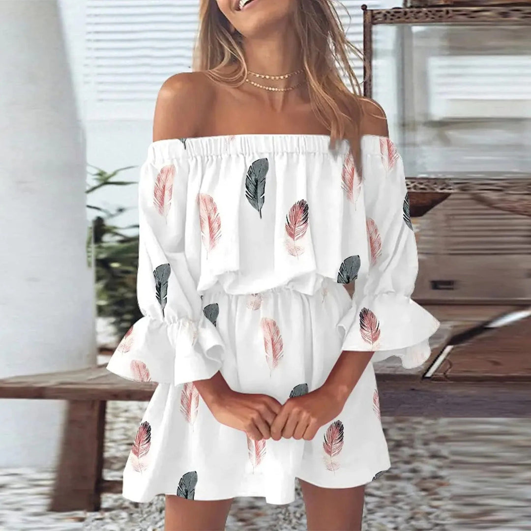 Women's floral summer dress with elegant V-neck and stylish flared sleeves, perfect for warm weather vacations.