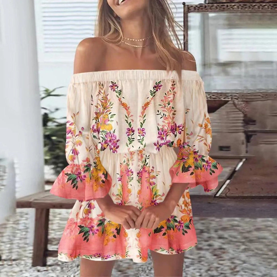 Casual women's summer dress with a beautiful floral pattern and comfortable flared sleeves, great for daily wear.