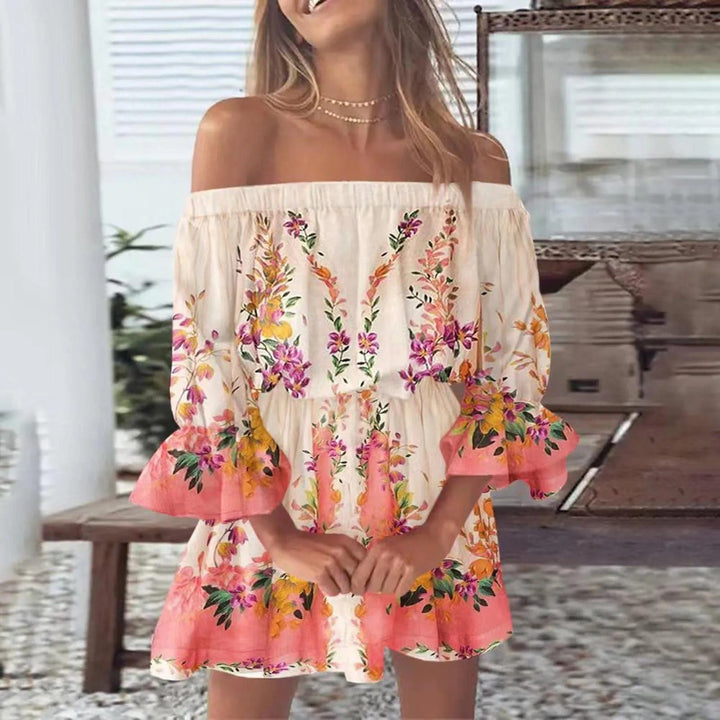 Casual women's summer dress with a beautiful floral pattern and comfortable flared sleeves, great for daily wear.