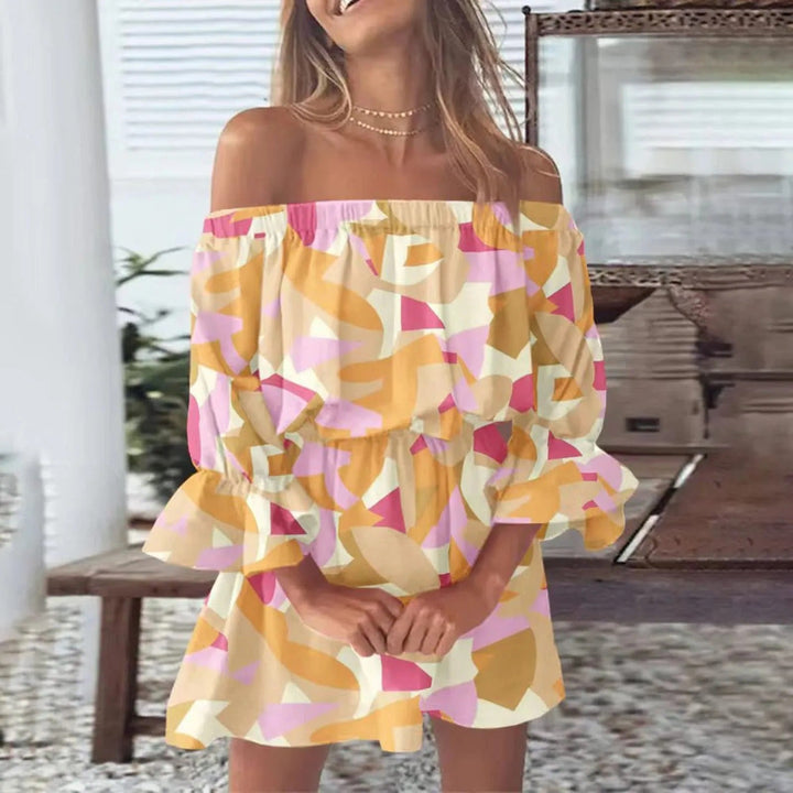 Stylish women's floral summer midi dress featuring a V-neck and trendy flared sleeves. Versatile for any occasion.