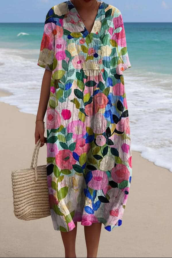 Women's floral V-neck midi dress, perfect for summer comfort & elegant casual wear. Relaxed fit vacation dress.