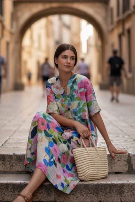 Vibrant floral print V-neck midi dress for women, ideal for spring & summer fashion. Elegant and casual vacation wear.