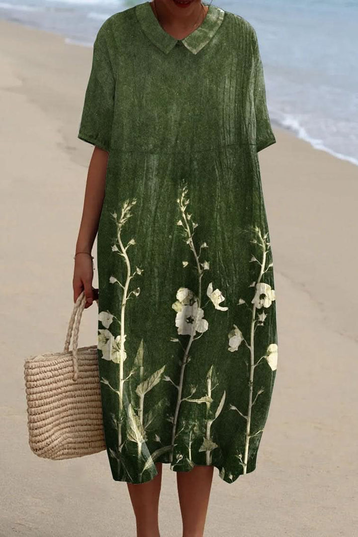 Stylish women's V-neck floral midi dress, a versatile piece for spring & summer. Elegant casual wear, ideal for vacation.