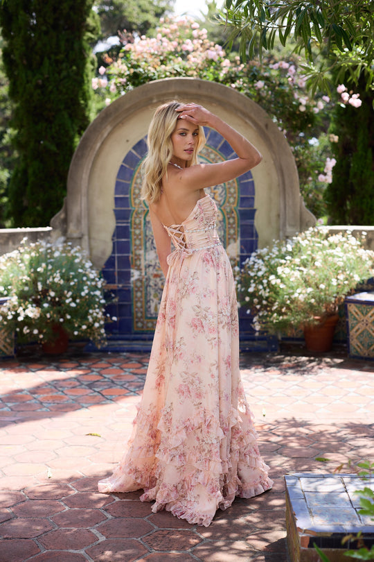 Pretty women's floral V-neck ruffle maxi dress, an elegant option for any wedding guest or party.