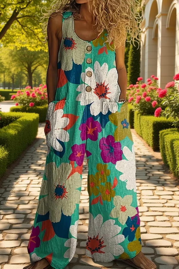 Women's floral wide leg jumpsuit with pockets, perfect for summer casual wear or vacation outfits.