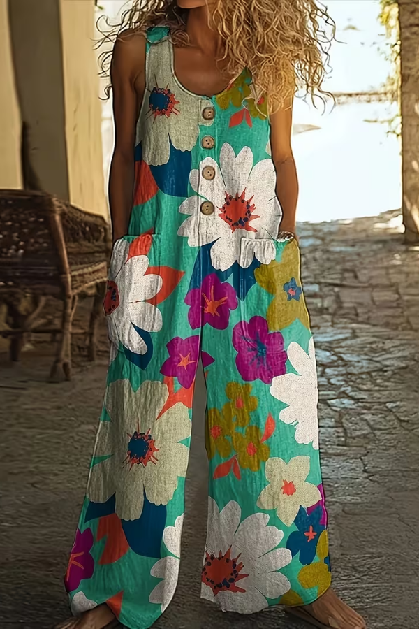 Comfortable women's floral wide leg jumpsuit with pockets, ideal for spring, summer, and boho style.