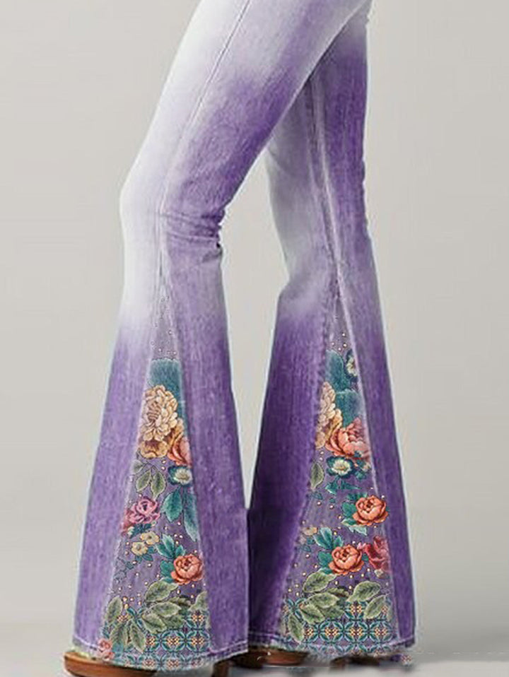 Women's floral wide leg trousers with a unique pattern, stylish and trendy flared pants for women.