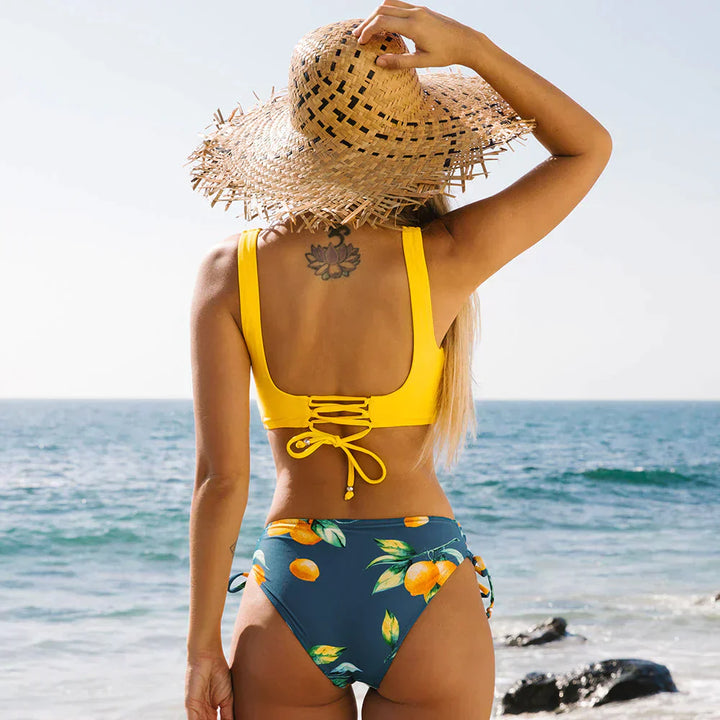 Women's summer swimwear: floral print wrap bikini top and matching bottom, Lucille