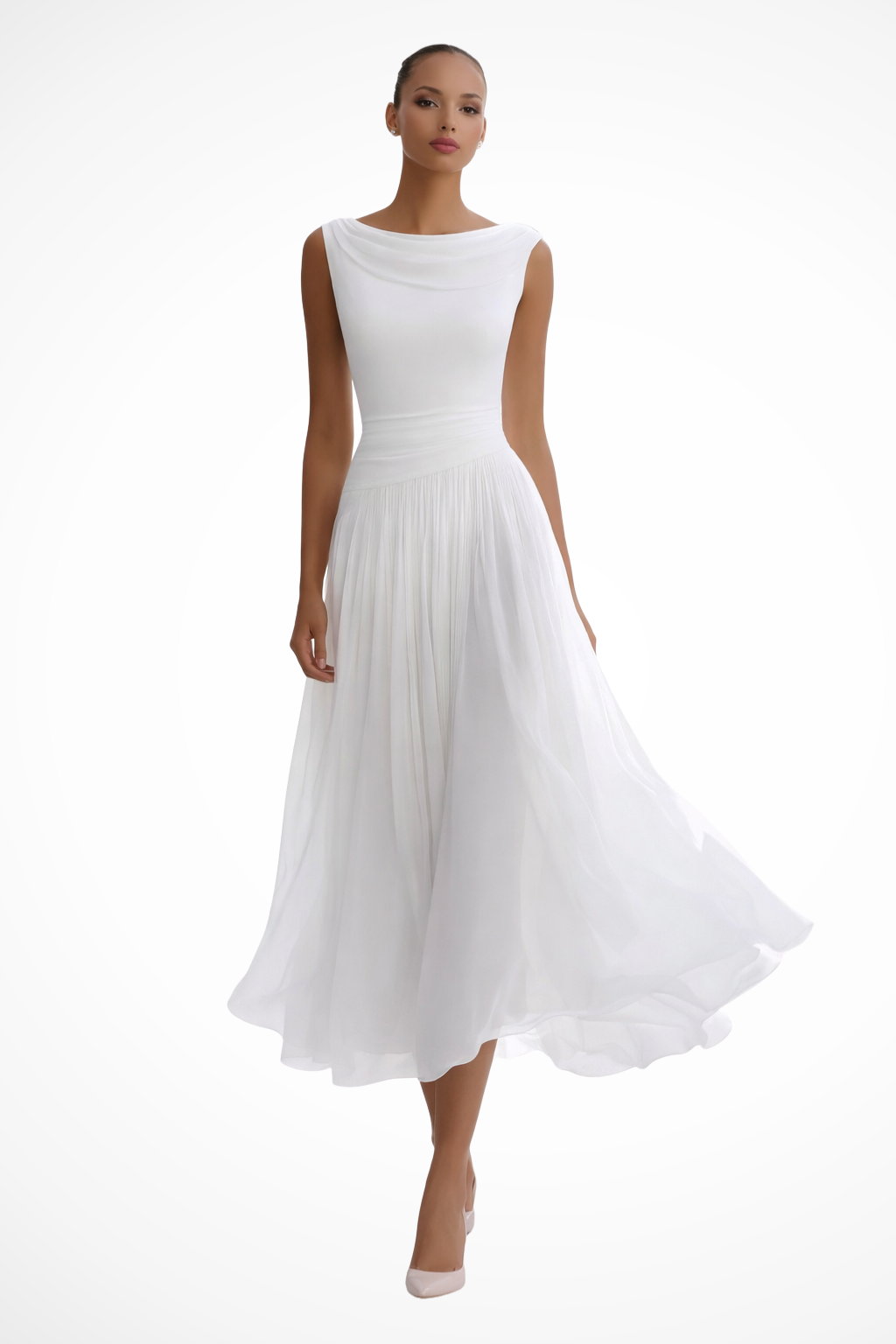 Women's flowing A-line sleeveless midi dress, elegant for special occasions & cocktail parties.