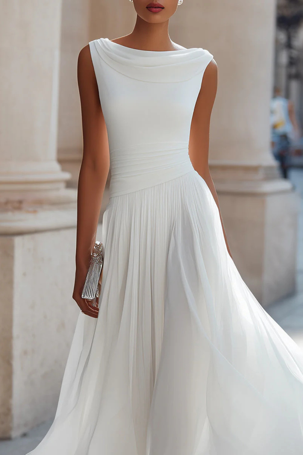 Chic women's sleeveless A-line midi dress, perfect for summer style, vacations & party wear.