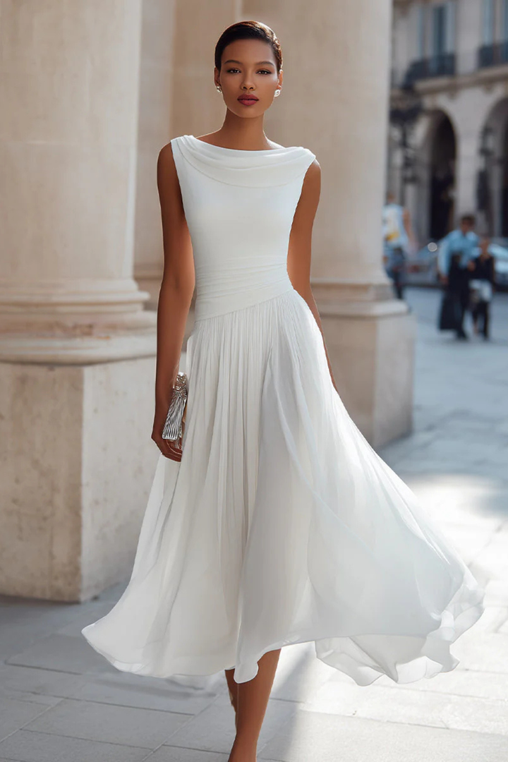 Stylish women's A-line sleeveless midi dress, versatile for cocktail parties, vacations & evening wear.