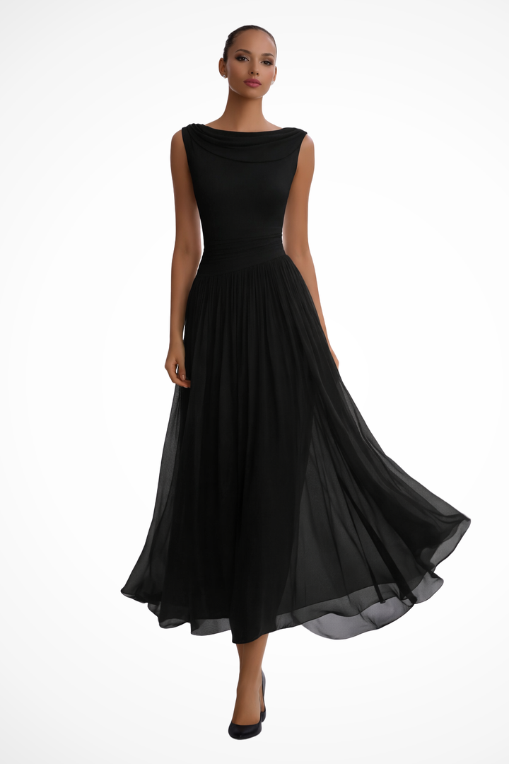 Flowing A-line midi dress for women, sleeveless, emphasizing a chic & sophisticated summer style.