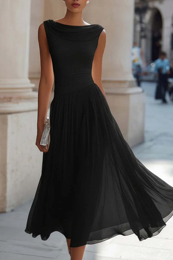 Elegant women's sleeveless midi dress with an A-line cut, suitable for special occasions & events.