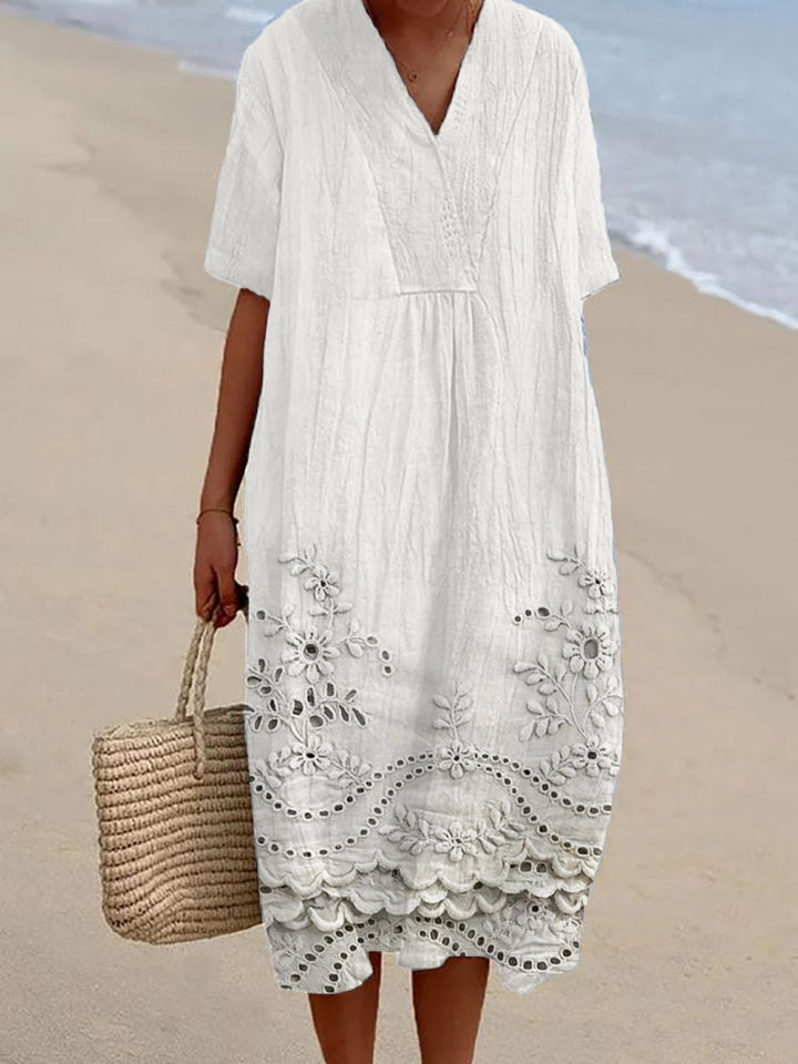 Women's flowing bohemian midi dress, perfect for summer vacations, beach wear, and casual chic outings. Relaxed & comfortable.