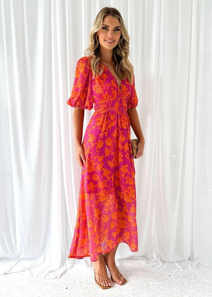 V-neck pink orange floral maxi dress for women, featuring elegant puff sleeves and a flowing design, ideal for casual summer.