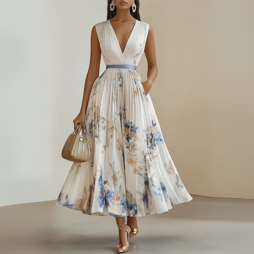 Elegant V-neck flowing maxi dress for women, perfect for versatile casual chic or vacation attire.
