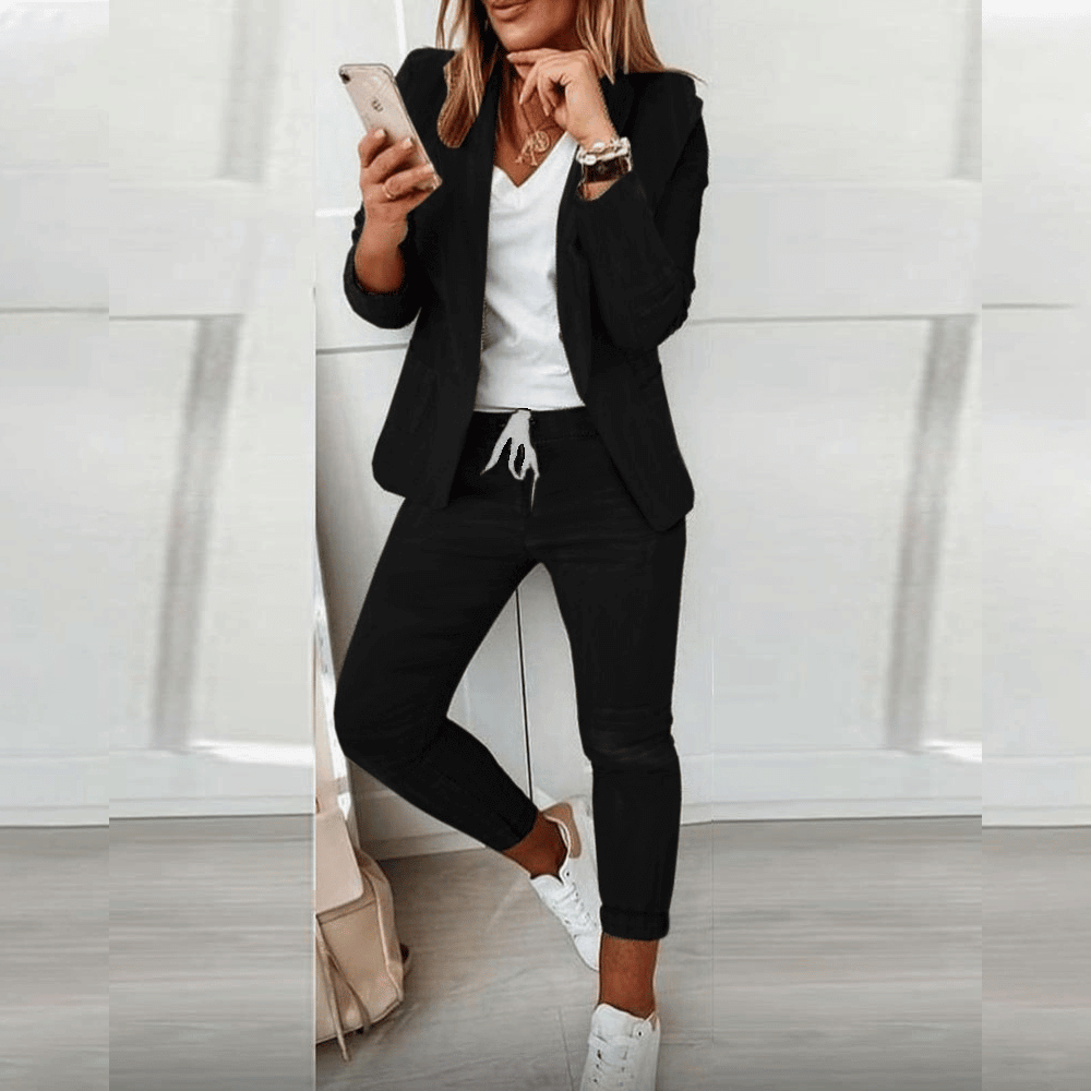 Blue flowing women's stylish outfit. Elegant two-piece comfort set in premium fabric for ladies.